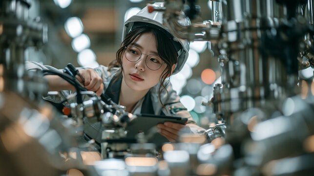 工場内の機械設備を丁寧に点検する若い日本人女性技術者
