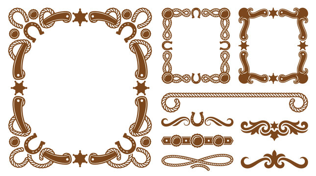 Set of ornate brown frames and border dividers featuring horseshoe and star western rustic elements, perfect for country invitations and signage