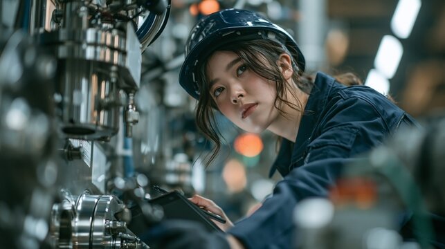近代的な製造工場で精密機械のメンテナンスを行う女性エンジニア