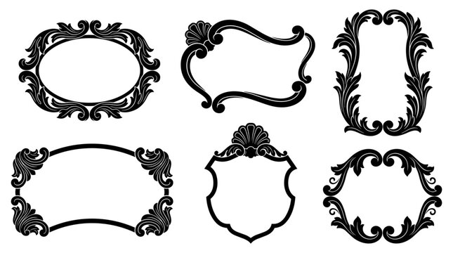 set of six ornate decorative frames with vintage victorian flourishes, elegant floral borders and baroque swirls, ideal for wedding invitations and