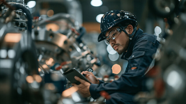 製造現場で設備異常がないか慎重にチェックする日本人男性技術者