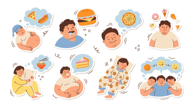 Set of illustrations depicting unhealthy eating habits, overweight lifestyle and junk food cravings, emotional hunger, dietary struggle and