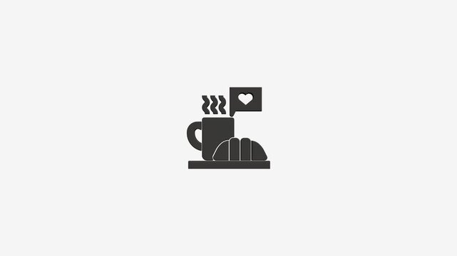 Minimalist breakfast icon animation featuring steaming hot coffee mug and croissant with floating heart flag.