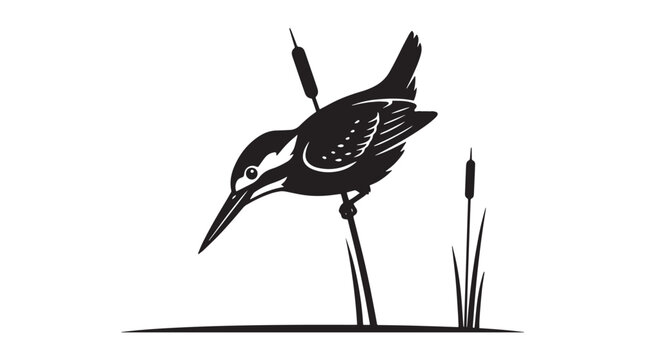 Kingfisher Bird Silhouette on Reed Vector Illustration