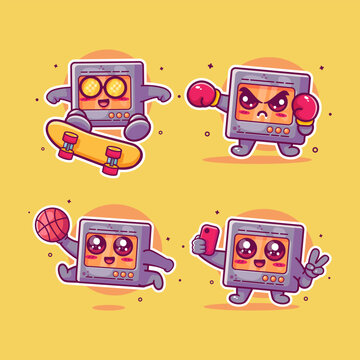 cute microwave oven characters illustration set featuring skateboarding kickflip, boxing sport, basketball, and taking a selfie.