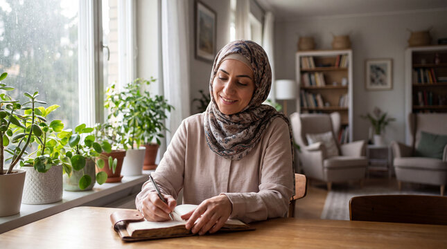 A Middle Eastern woman writes in a journal near sunny plants for World Mental Health Day reflective wellness content.