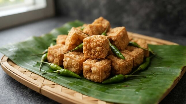 Crispy golden fried tofu cubes arranged neatly on a green banana leaf, symbolizing authentic traditional Asian culinary heritage