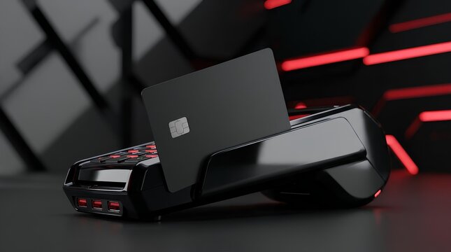 Credit card inserting into point of sale terminal with red futuristic lighting.