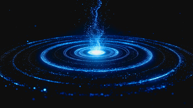 Blue glowing particle circles and rising stream in dark space, futuristic digital visual effect.