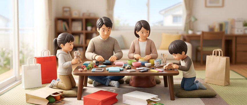 たくさんの福袋の中身をテーブルに広げて分ける4人家族の3Dイラスト
