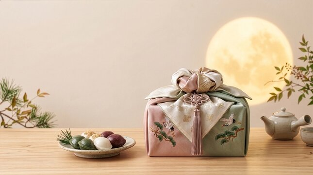 Traditional Korean Chuseok Gift Box Wrapped in Silk Bojagi with Embroidery Songpyeon and Tea Set 한국전통 명절 추석 학자수 보자기 선물 포장과 송편 및 도자기 다기세트 배경