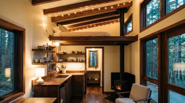 Modern Wooden Tiny House Cabin Interior with Mezzanine Loft and Kitchen