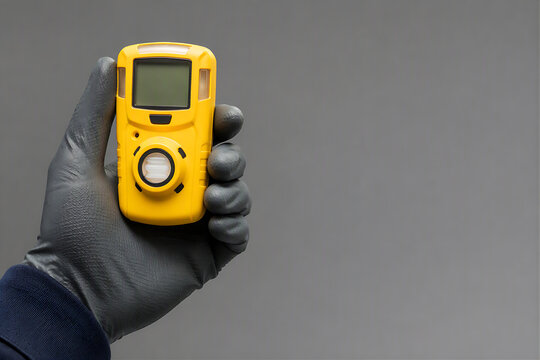 Worker in black safety glove holding yellow portable gas detector for hazardous area monitoring in industrial facility occupational health and safety inspection work