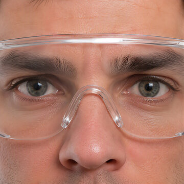 Extreme close up clear transparent safety goggles worn on male worker face cropped at eyebrows and nose bridge industrial eye protection equipment occupational safety PPE