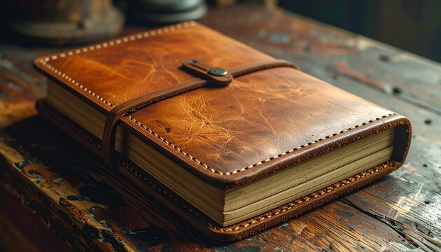 Vintage Leather Journal Notebook on Wooden Table