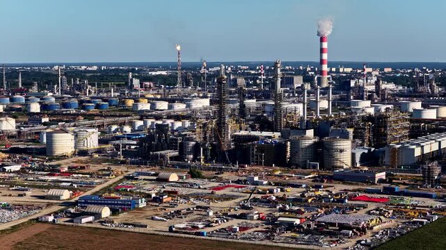 Aerial view of Orlen Plock Production Plant with industrial infrastructure, storage tanks, and a tall chimney under a clear blue sky in Plock, Wojewodztwo mazowieckie, Poland.
