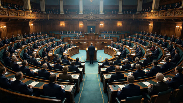 Politicians and Ministers Assembly in Grand Parliament Chamber During Official Debate Session