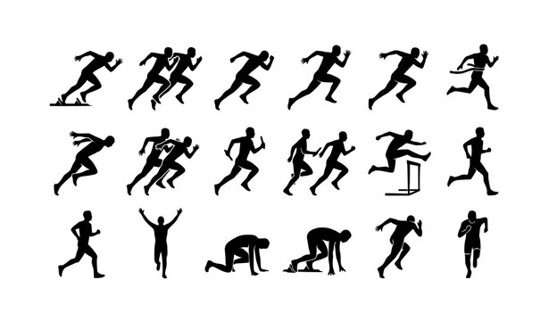 Track Field Sprint Running Athlete Silhouettes Relay Hurdle Sports Vector Set