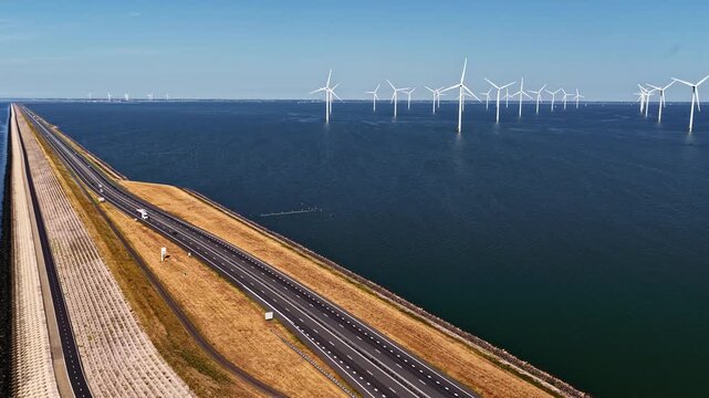 Aerial view of Windpark Fryslan wind turbines standing in the water alongside the Afsluitdijk causeway in Breezanddijk, Friesland, Netherlands.