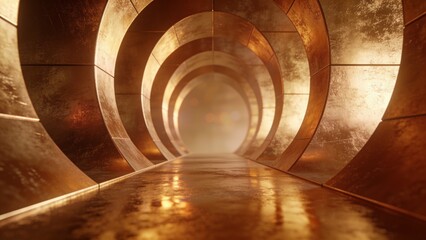 Fototapeta premium 3D render of futuristic copper bronze tunnel corridor with cylindrical rings and warm reflective metallic floor 