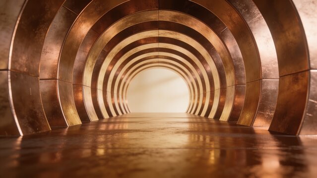 Futuristic bronze metallic tunnel background with perspective round arches and dramatic warm lighting   