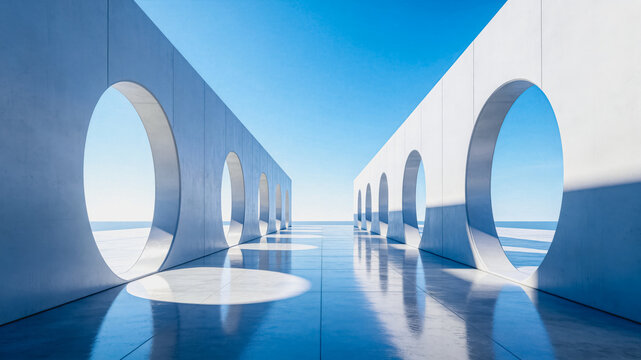 A symmetrical modern architectural corridor with circular openings, featuring smooth reflective floors and bright clear sky.