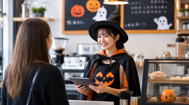 Barista in Halloween costume serves customer at coffee shop