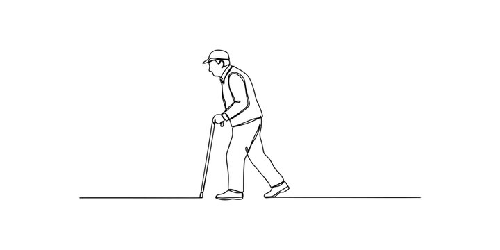 Continuous single line drawing of an old man walking with a cane