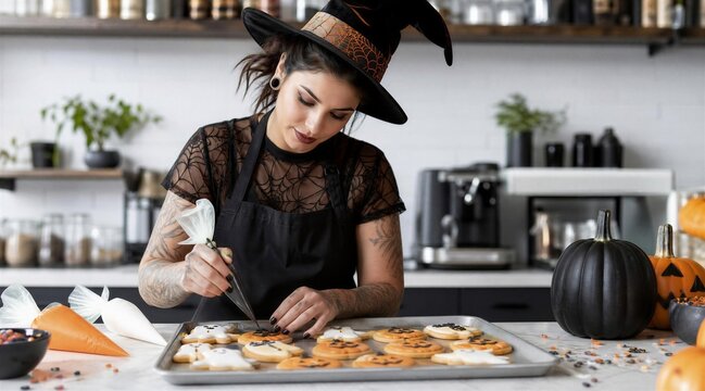 Woman in witch hat decorating Halloween cookies
