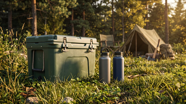 Camping cooler and water bottles at campsite outdoor adventure