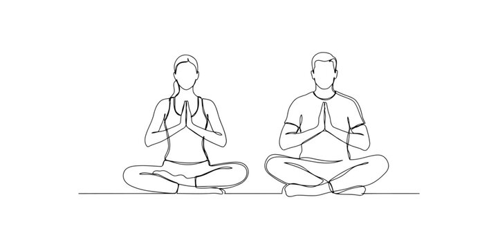 Man and woman sitting in lotus pose doing yoga meditation with hands together in a continuous single line drawing