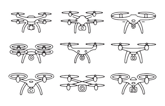 Outline drone icons set representing unmanned aerial vehicles for modern mapping and photography.