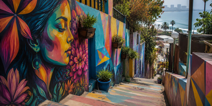 Vibrant Graffiti Mural Art on Colorful Urban Stairs Leading Down to the Ocean