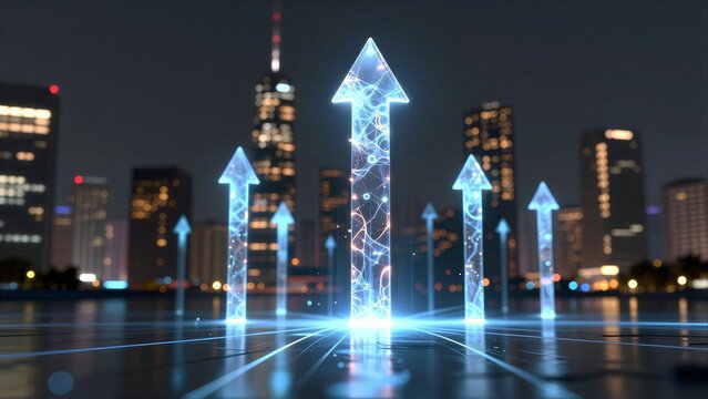 Glowing digital arrows rise above a futuristic cityscape at night, symbolizing growth and progress.