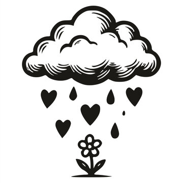 A black and white linocut style illustration of a rain cloud showering hearts and raindrops onto a small blooming flower below, isolated on a clean white background graphic.