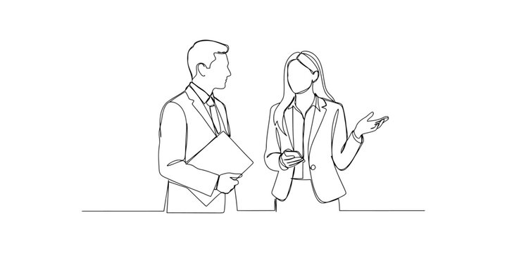 Continuous line drawing of a businessman and businesswoman having a professional conversation in an office setting