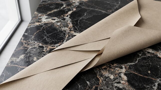 Crumpled brown paper envelope resting on dark marble surface