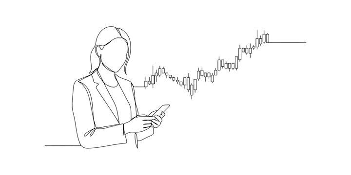 Business woman looking at a smartphone with a growing stock market chart in a continuous single line drawing style