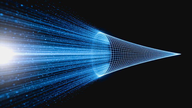 A bright blue digital light beam forms a conical grid structure, representing modern technology and data concepts.