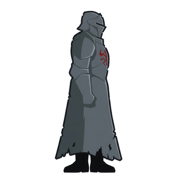 Ilustraci&oacute;n vectorial de un caballero medieval con armadura gris de cuerpo completo y una capa larga desgarrada, visto de perfil con un emblema rojo distintivo en el pecho sobre un fondo blanco