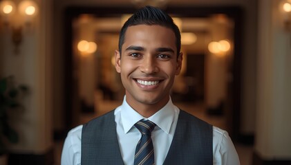 Fototapeta premium Friendly young male hotel receptionist smiling in professional uniform at hotel lobby