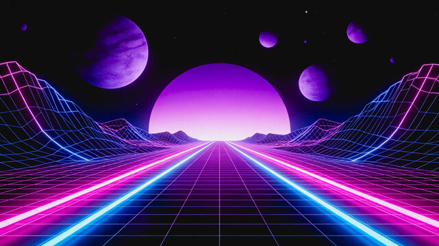 A futuristic retro synthwave space scene featuring a neon grid road, planets, and a glowing purple celestial body on the horizon.