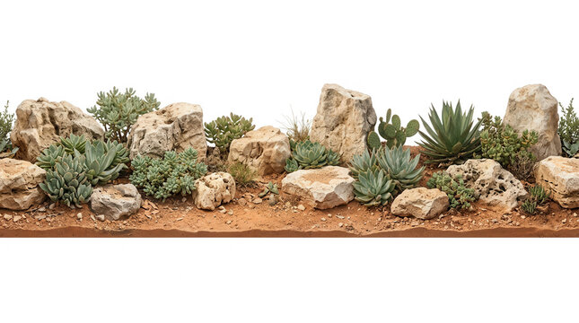 Composici&oacute;n horizontal de jard&iacute;n des&eacute;rtico con rocas naturales y diversas plantas suculentas sobre suelo de tierra roja, aislado sobre fondo blanco para dise&ntilde;o de paisajismo y decoraci&oacute;n exterior.