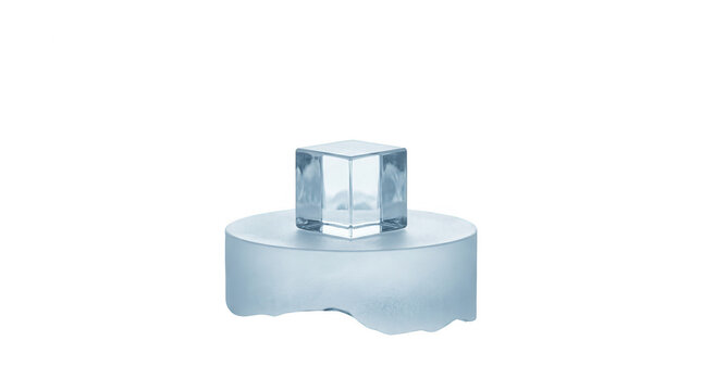 Frasco de perfume de lujo con dise&ntilde;o minimalista de vidrio esmerilado azul claro y tap&oacute;n cuadrado transparente, aislado sobre un fondo blanco puro, ideal para publicidad de cosm&eacute;ticos y belleza.