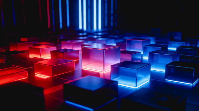 3D rendering of glowing red and blue transparent cubes arranged in a dark futuristic indoor space with vertical neon light strips.