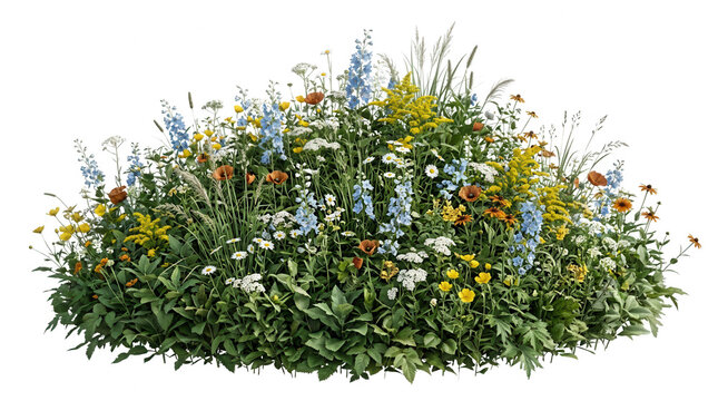 Un exuberante arreglo de flores silvestres de colores variados, incluyendo espuelas de caballero azules, margaritas blancas y flores amarillas, aislado sobre un fondo blanco puro para dise&ntilde;o gr&aacute;fico.