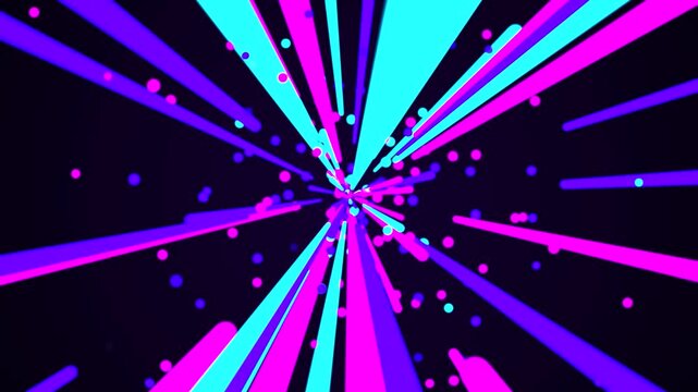 Abstract neon burst animation with glowing pink and cyan light rays flying towards camera.