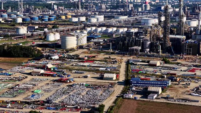 Aerial view of Orlen Plock Production Plant featuring industrial storage tanks, processing units, and surrounding infrastructure in Plock, Mazowieckie, Poland.