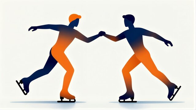 Two skaters, blue and orange, glide gracefully, hands joined in sync.
