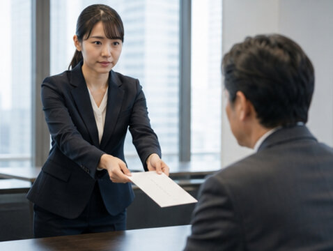 退職届,退職願,退職,日本人女性,女性会社員,会社員,上司,管理職,オフィス,会議室,職場,会社,退職手続き,辞職,離職,転職,転職活動,キャリアチェンジ,キャリア,仕事を辞める,退職相談,上司と部下,面談,話し合い,書類,提出,退職理由,自己都合退職,会社都合退職,退職交渉,引き止め,人事,退職者,ビジネス,仕事,雇用,労働,ストレス,決断,緊張,真剣,不安,新しい仕事,再就職,キャリアアップ,